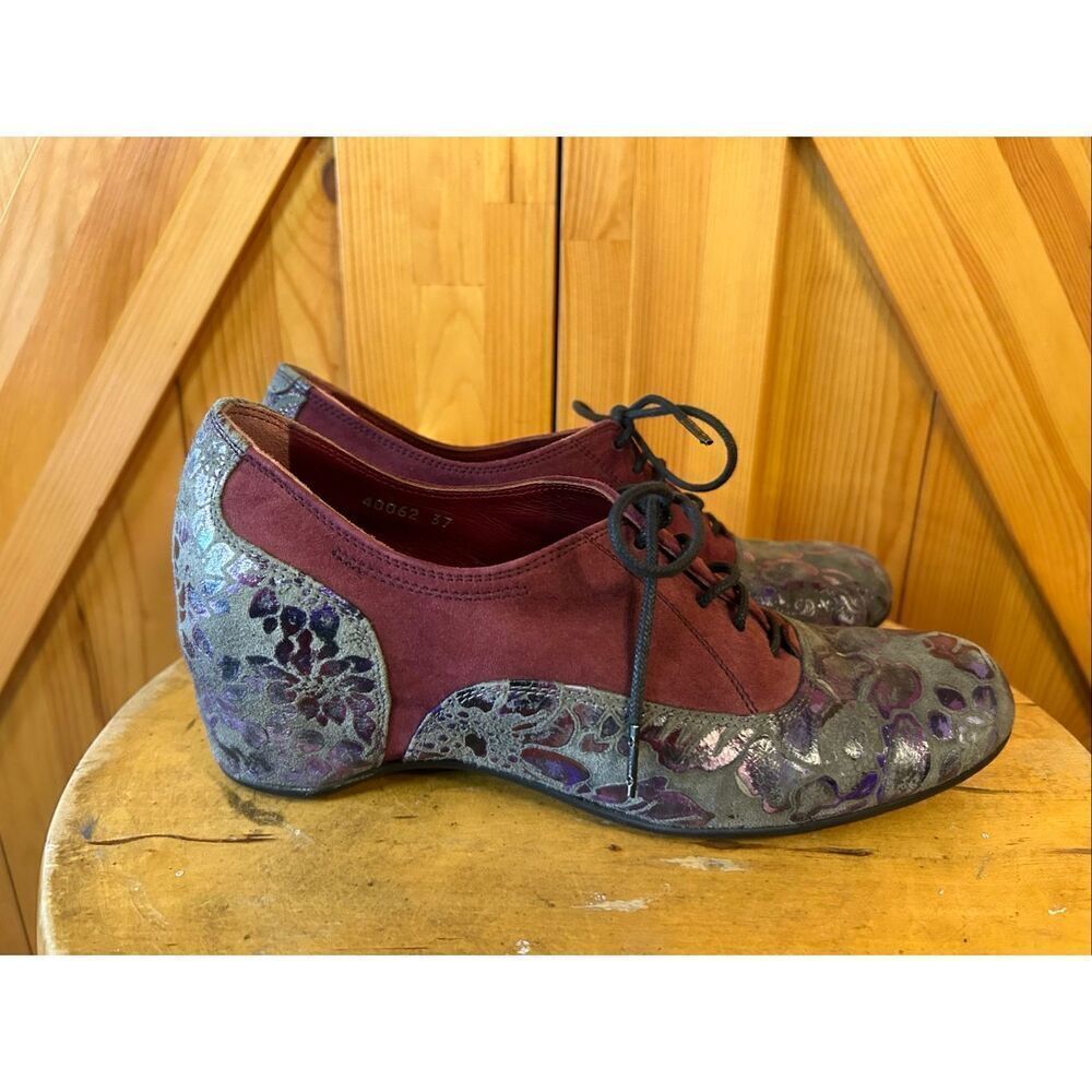 Pons Quintana Shoes Floral Suede Leather Oxford Wedge EU 37 US 6.5-7